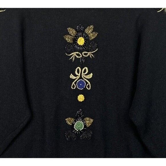 VTG  80s La Mittini Wool Angora Sweater L Black Floral Embroidered Beaded Retro - Picture 2 of 13